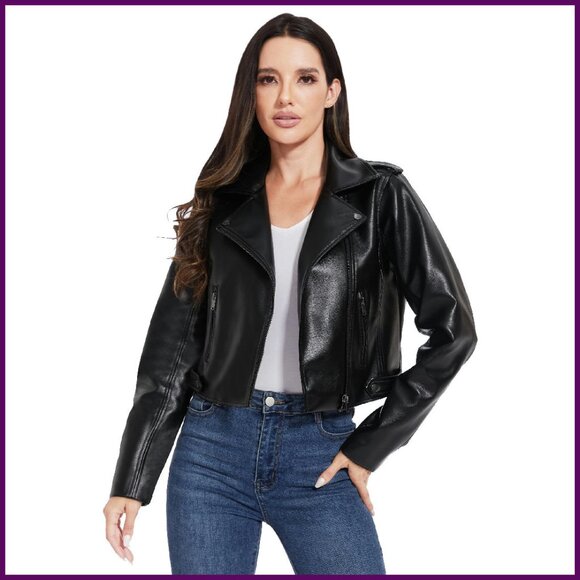 Cropped Faux Leather Motorcycle Jacket Women's S-XXL Casual Blazer